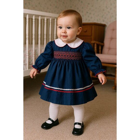 Vintage 1980s Baby Girls Smocked Dress Sz 6 to 12 Month Navy Blue Red White - Picture 1 of 8